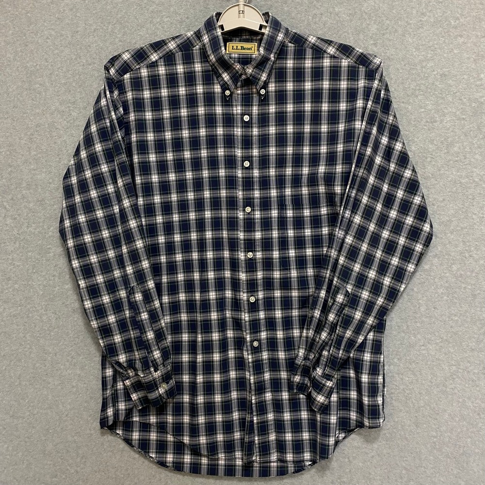 LL BEAN Vintage Men's Tall Medium Shirt Blue Plaid Cotton Blend Button Down